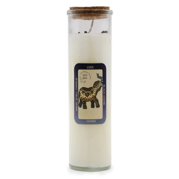 Magická sviečka „Radosť“ s čiernym achátom, vôňa sladká škorica
