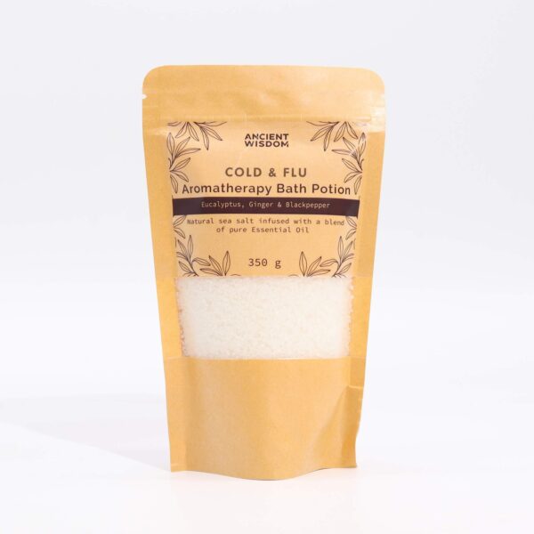 Aromatická kúpeľová morská soľ Chrípka – Eukalyptus & Zázvor & Čierne korenie, 350 g – Obrázok 2