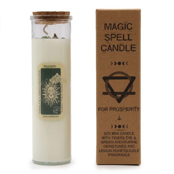Magická sviečka „Prosperita“ s avanturínom, vôňa citrónový zimolez – Obrázok 3