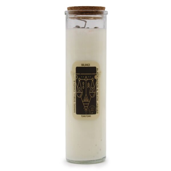 Magická sviečka „Rovnováha“ s achátom a jaspisom, vôňa ylang ylang