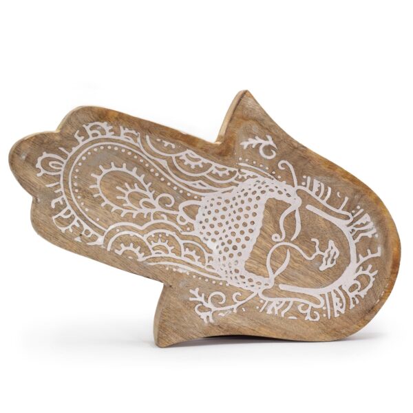 Podnos z mangového dreva - Hamsa & Budha, biely