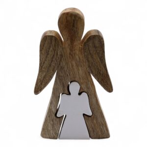 Anjeli z mangového dreva – biely smalt, 15 cm